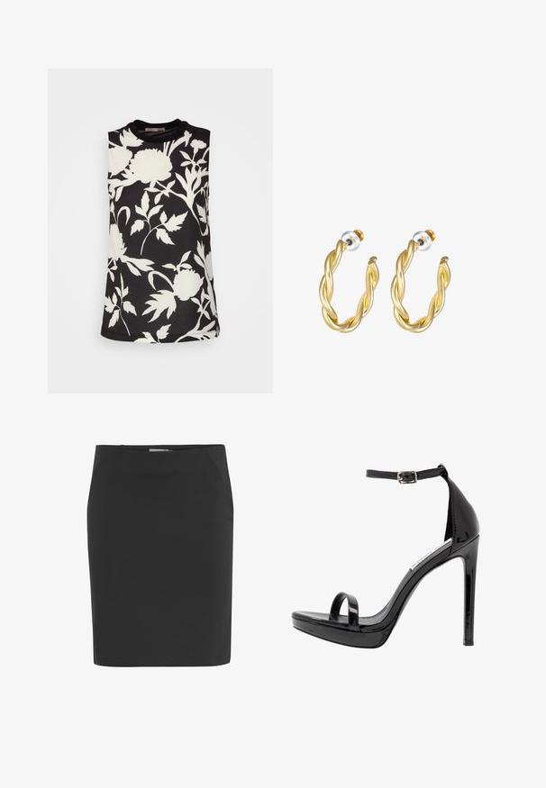 Anna Field Blusa - black; Falda lápiz negra hasta la rodilla con corte recto y cierre lateral con cremallera.; Steve Madden MILANO - Sandalias de tacón - black; Pendientes de aro retorcidos en oro con una superficie lisa, que cuentan con un respaldo transparente y herrajes en tono dorado.