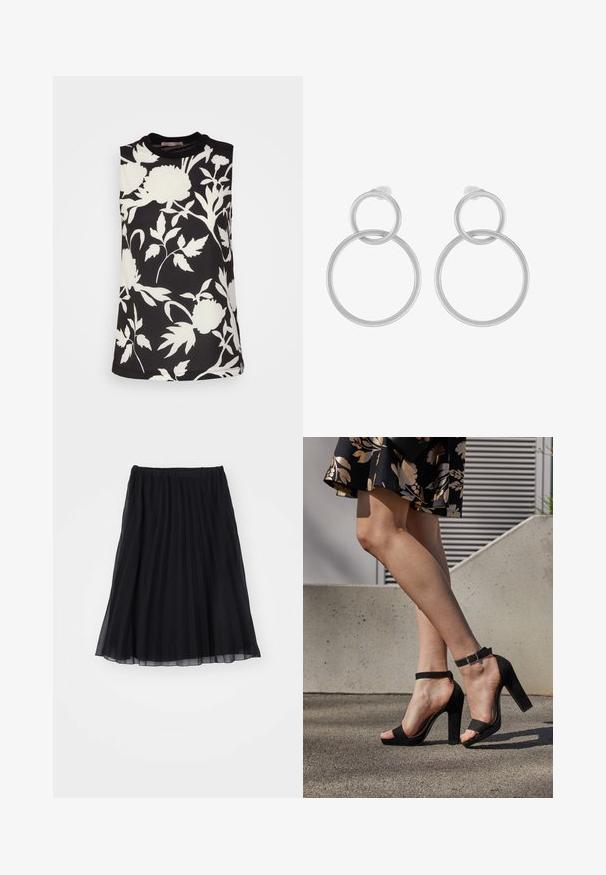 Anna Field by Zalando Blusa - black; Falda plisada negra de tela transparente, con cintura elástica. Su diseño fluido se extiende hasta la mitad de la pantorrilla, mostrando pliegues verticales.; Sandalias de tacón alto de ante negro con una correa en el tobillo y hebilla, diseño de punta abierta y tacón ancho. Textura suave y estilo minimalista.; Pendientes de metal plateado que presentan dos círculos entrelazados, uno más grande y otro más pequeño, con un acabado cepillado y cierres de presión.