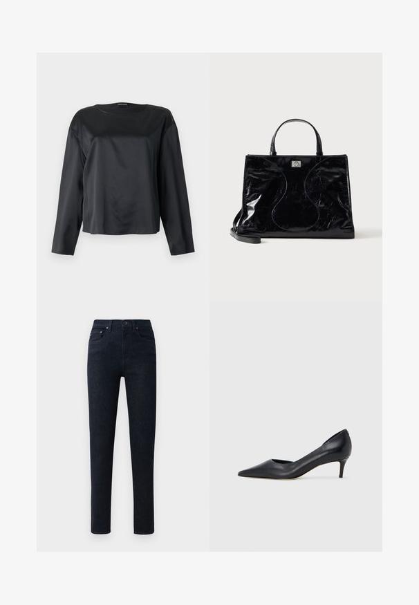 Blusa negra de satén con mangas largas, escote redondo y corte holgado, mostrada extendida sobre un fondo claro.; Jeans de mezclilla azul oscuro con corte recto, que cuentan con un cierre de botón, cinco bolsillos y detalles de costura sutiles.; Zapato de tacón bajo de cuero negro con punta puntiaguda. Presenta una textura lisa y un brillo sutil. Corte abierto en la parte frontal para un detalle adicional.; Bolso de mano de piel negra brillante con asas cortas, bandolera desmontable y detalles sutiles de costuras curvas en la parte delantera.