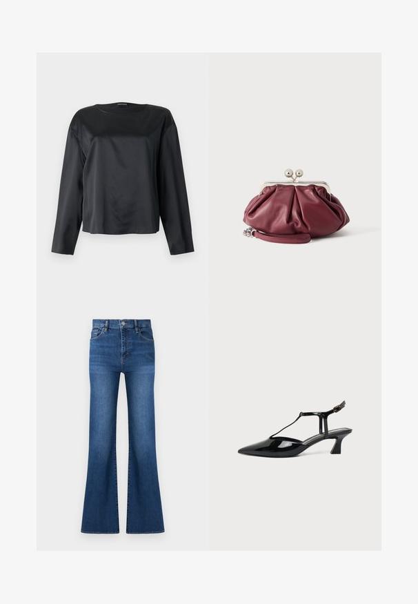Blouse noire en satin à manches longues avec un col rond et une coupe décontractée, présentée à plat sur un fond clair.; Jean en denim bleu taille haute avec fermeture à boutons, poches avant, et jambes larges légèrement évasées sur fond blanc.; Chaussure slingback en cuir verni noir à bout pointu avec bride en T et petit talon bloc incliné sur fond blanc.; Petite pochette en cuir bordeaux avec fermoir en métal argenté et bracelet pour poignet sur fond blanc.