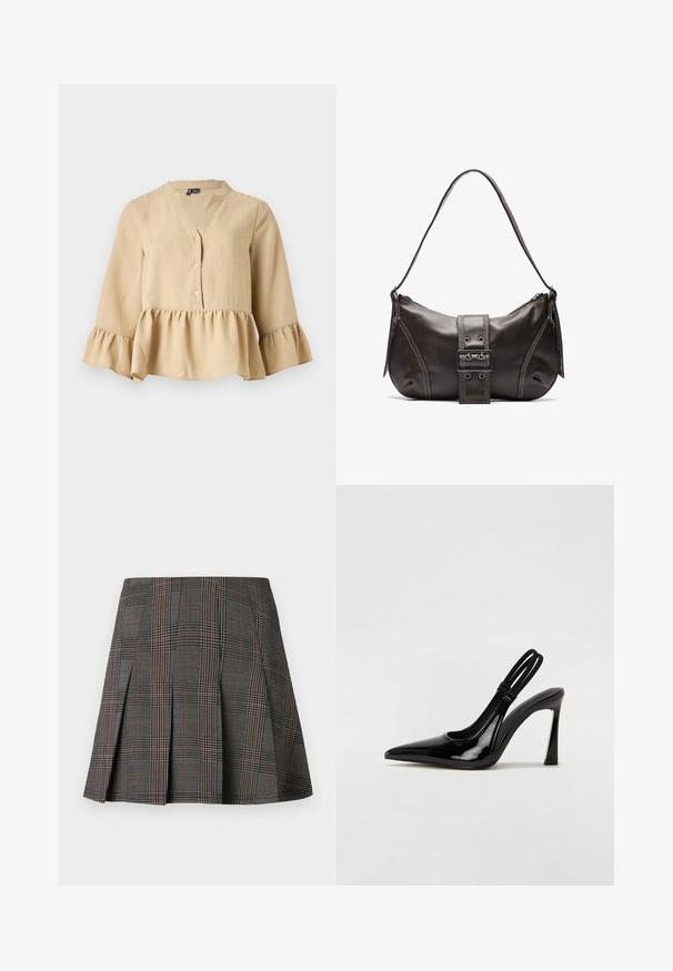 Blouse beige à manches longues avec col en V, trois boutons sur le devant, et ourlet et poignets à volants sur fond uni.; Jupe à carreaux gris avec des plis, ornée de motifs complexes en noir et blanc, accentuée par de fines lignes rouges. Fabriquée dans un tissu structuré.; Escarpin en cuir verni noir à talon aiguille, à bout pointu, avec une sangle élastique double pour un maintien sécurisé. Surface lisse et brillante.; Sac à épaule en cuir marron avec une forme courbée, présentant un détail de boucle proéminent, des coutures contrastantes et une seule bandoulière.