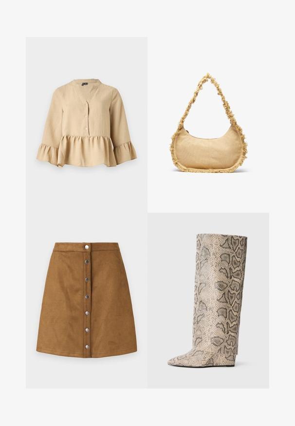 Beige bluse med lange ærmer, V-hals, tre knapper foran og flæsekant og manchetter på ensfarvet baggrund.; Brun ruskind A-linje nederdel med knaplukning foran, der har sølvfarvede knapper og en glat tekstur.; Høje støvler med spids tå i et beige og sort slangeprint mønster. Lavet af tekstureret syntetisk materiale med en slank, glat finish.; Struktureret beige taske med en rund form, frynset kant langs kanterne og en kort rem til at bære. Lynlåsåbning på toppen.
