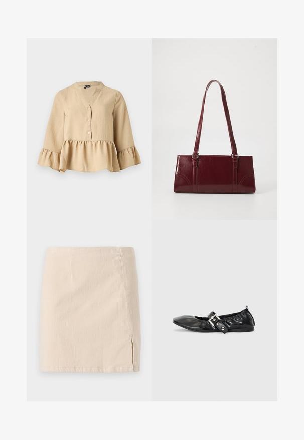 Beige bluse med lange ærmer, V-hals, tre knapper foran og flæsekant og manchetter på ensfarvet baggrund.; Beige corduroy miniskirt med lodret ribbet tekstur, med en sideslids for ekstra detaljer. Kantene er lige og ensartet syet.; Sorte læder flade sko med spids tå, samling detaljer omkring åbningen, og en sølv spænde accent på den justerbare rem.; Bordeaux håndtaske lavet af glansfuldt materiale, rektangulær form, med to skulderremme og subtile buede detaljer på forsiden.