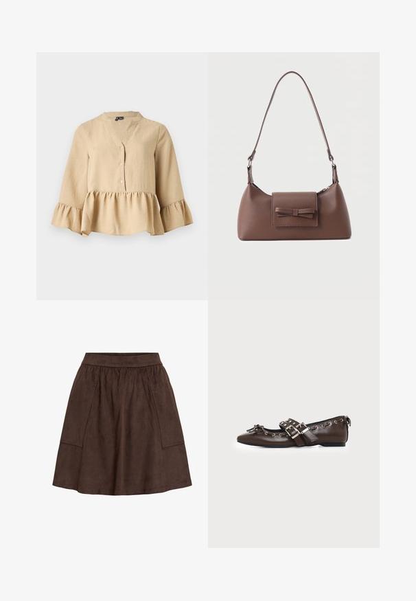 Blusa beige de manga larga con escote en V, tres botones en la parte delantera y volante en el dobladillo y los puños sobre un fondo liso.; Falda de ante marrón con cinturilla elástica, que cuenta con bolsillos laterales y diseño acampanado. Textura suave y largo hasta la rodilla.; Zapato plano de cuero marrón oscuro con puntera puntiaguda, doble hebilla plateada, ojales metálicos y lazo decorativo en la parte delantera.; Bolso bandolera de cuero marrón con un bolsillo frontal de solapa que presenta un detalle de moño cosido y una correa ajustable.