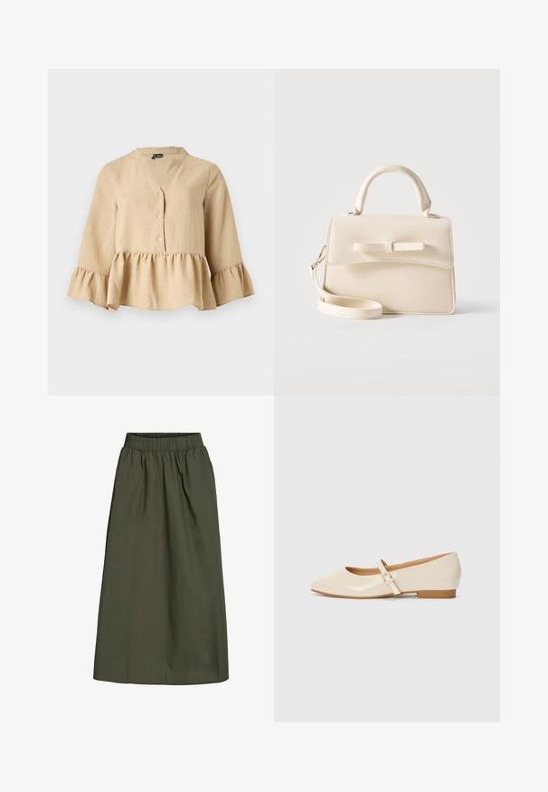 Blusa beige de manga larga con escote en V, tres botones en la parte delantera y volante en el dobladillo y los puños sobre un fondo liso.; Falda de color verde oliva, hasta los tobillos, con cinturilla elástica con fruncido y una textura de tela suave y ligeramente arrugada.; Bailarinas de charol beige con punta cuadrada, tacón pequeño y una correa ajustable en el tobillo con un acento de hebilla dorada.; Pequeño bolso beige con asa superior, correa desmontable, solapa frontal y lazo decorativo horizontal sobre un fondo liso.