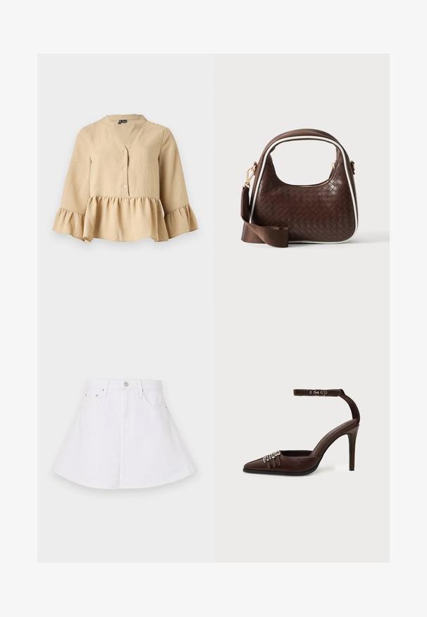 Blouse beige à manches longues avec col en V, trois boutons sur le devant, et ourlet et poignets à volants sur fond uni.; Jupe en denim blanc au design évasé, avec une taille ajustée, cinq poches et une fermeture à bouton à l'avant. Texture lisse.; Chaussure à talon haut en cuir marron avec bout pointu, trois petites boucles argentées sur le devant et bride de cheville réglable avec boucle.; Sac à main en cuir tressé marron avec passepoil blanc, fermeture éclair dorée et bandoulière amovible en tissu marron.