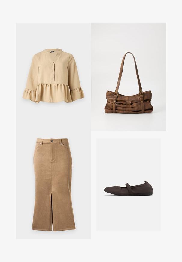 Μπεζ μπλούζα με μακριά μανίκια και V-λαιμόκοψη, τρία κουμπιά μπροστά και βολάν στη βάση και στις μανσέτες, σε μονόχρωμο φόντο.; Καφέ σουέτ μίντι φούστα με μπροστινό σκίσιμο, αντίθετες ραφές και χαρακτηριστικά πέντε τσεπών. Λείο υλικό και εφαρμοστή σιλουέτα.; Καφέ μπαλαρίνα παπούτσι με ελαστικό λουρί και στρογγυλεμένη μύτη, εμφανιζόμενο σε λευκό φόντο, πλάγια όψη.; Even&Odd Τσάντα χειρός - brown