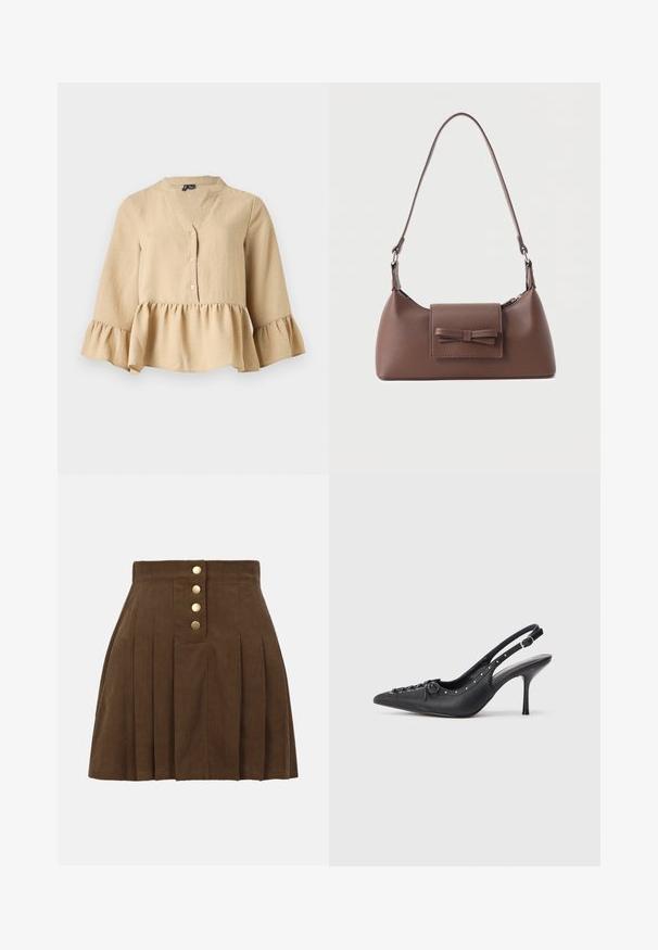 Blouse beige à manches longues avec col en V, trois boutons sur le devant, et ourlet et poignets à volants sur fond uni.; Jupe plissée en velours côtelé marron avec taille haute et quatre boutons dorés au centre devant.; Escarpin en cuir noir à talon aiguille avec un bout pointu, une bride latérale à boucle, des clous le long du bord et un laçage décoratif à l'avant.; Sac à bandoulière en cuir marron avec une poche à rabat avant ornée d'un détail en forme de nœud cousu et une sangle réglable.