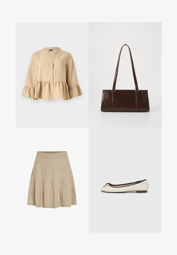 Beige blouse met lange mouwen, een V-hals, drie knopen aan de voorkant en een gerimpelde zoom en manchetten op een effen achtergrond.; Een korte, beige rok gemaakt van een zachte, gestructureerde stof met een geribbeld tailleband en een lichte plooiing bij de zoom.; Balletschoen in een beige textiel met een zwarte rand. Heeft een ronde neus en een kleine strikaccent aan de voorkant. Laag profiel zool.; Bruine lakleren handtas met een rechthoekige vorm, twee lange handvatten en subtiele gebogen accenten aan de voorkant.