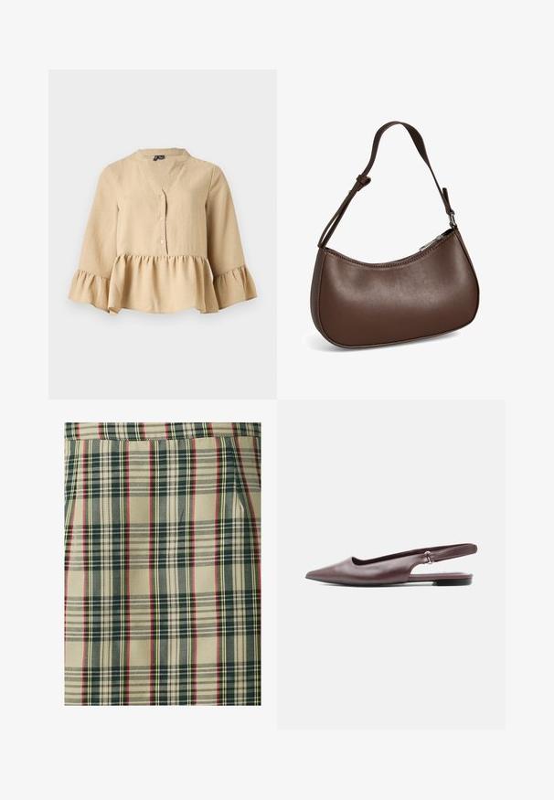 Blusa beige de manga larga con escote en V, tres botones en la parte delantera y volante en el dobladillo y los puños sobre un fondo liso.; Tela de cuadros con un fondo beige y líneas en verde oscuro, rojo y amarillo. Tejido texturizado con un diseño estructurado, que muestra patrones distintos.; Zapato plano burdeos con punta en pico, trasera con tira ajustable y tacón bajo sobre fondo blanco.; Pequeño bolso bandolera de cuero marrón con correa ajustable y cierre de cremallera, mostrado sobre un fondo blanco. Sin logotipos ni adornos visibles.