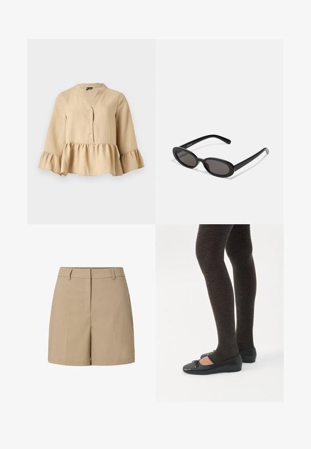 Blouse beige à manches longues avec col en V, trois boutons sur le devant, et ourlet et poignets à volants sur fond uni.; Shorts beiges sur mesure avec passants de ceinture, fermeture éclair frontale et coutures nettes dans un tissu lisse.; Jambes portant des leggings côtelés foncés associés à des ballerines noires avec de petits détails en nœud sur fond blanc.; Even&Odd Lunettes de soleil - black