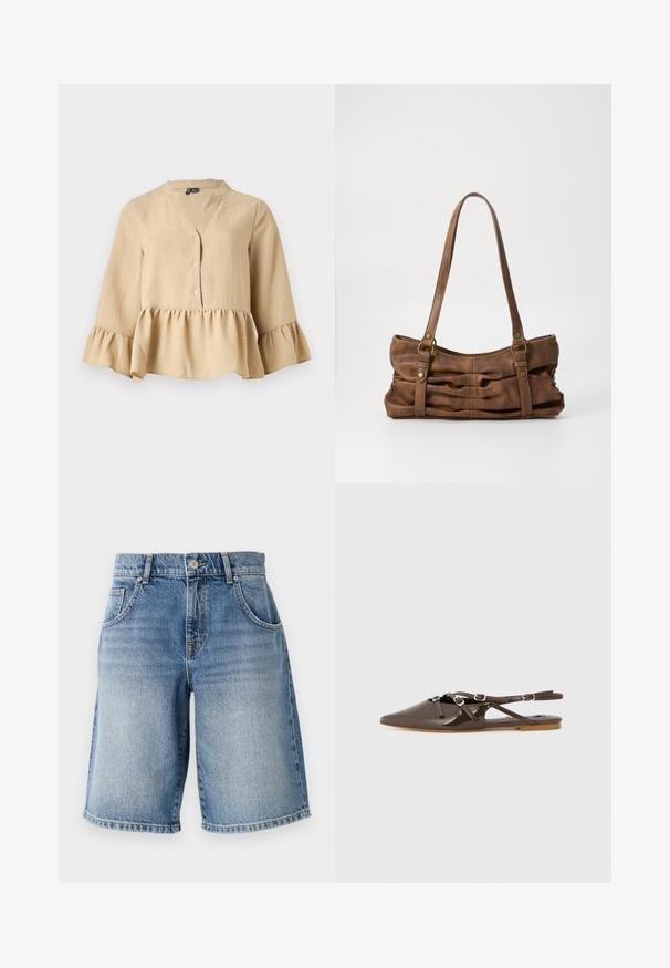 Beige Langarmbluse mit V-Ausschnitt, drei Knöpfen vorne und Rüschen an Saum und Manschetten auf einfarbigem Hintergrund.; Hellblaue Denim-Shorts mit geradem Schnitt, fünf Taschen und bronzefarbenen Beschlägen. Mit fransigem Saum und einer ausgewaschenen Waschung.; Braune patentierte Leder-Slingback-Schuhe mit spitzem Zeh, verstellbaren Riemen und flacher Sohle. Verfügt über ein Ausschnittdesign zur Belüftung.; Even&Odd Handtasche - brown
