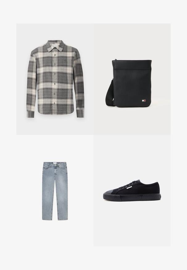 Langearmige geruite shirt in zwart en crème. Voorzien van een knoopsluiting aan de voorkant, klassieke kraag en een gevarieerd ruitpatroon. Zachte stoftextuur.; Lichtblauwe denim jeans met een rechte snit, vijf zakken, knoopsluiting, subtiele vervaging en gestikte details langs de zakken.; Zwarte lage canvas sneaker met rubberen zool, veters aan de voorkant en een klein metalen Calvin Klein-logo aan de zijkant.; Zwarte synthetische schoudertas met een gestructureerd ribbelontwerp, rechthoekige vorm, verstelbare schouderband en merkembleem aan de voorkant.