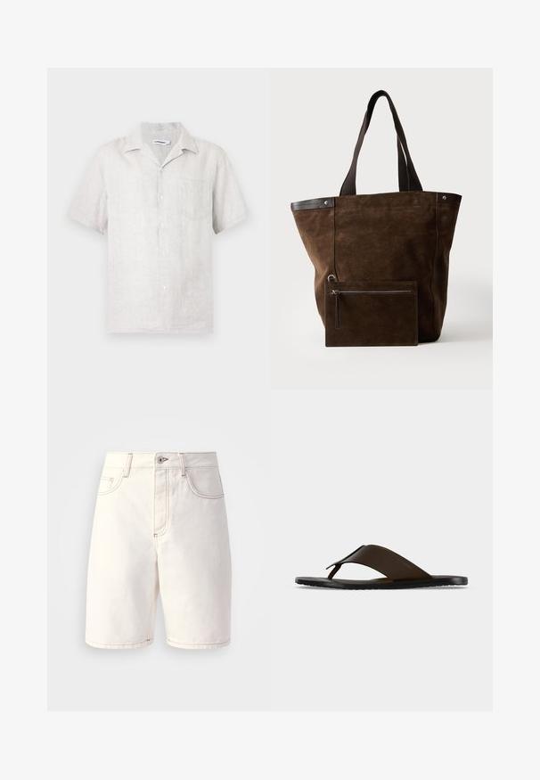 Chemise à manches courtes boutonnée en lin beige clair avec une poche poitrine gauche et un col classique.; Shorts en denim blanc à coupe droite, dotés de cinq poches, de coutures oranges et d'une fermeture éclair avec un bouton unique.; Sandale tong en cuir marron foncé avec une large sangle à la cheville et une semelle plate noire, montrée de profil sur fond gris.; Sac cabas en daim marron foncé avec des poignées noires et une pochette rectangulaire zippée assortie fixée à l'avant.