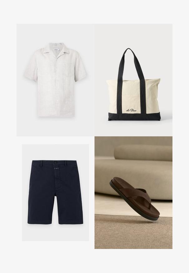 Chemise à manches courtes boutonnée en lin beige clair avec une poche poitrine gauche et un col classique.; Short bleu marine longueur genou avec fermeture par bouton, passants de ceinture et poches avant, posé à plat sur fond blanc.; Sandale claquette en cuir marron avec une semelle noire suspendue au-dessus d'un tapis beige dans un intérieur aux tons neutres.; Sac fourre-tout en toile avec longues anses noires, bordure noire en bas et poche avant avec logo "Les Deux" en écriture noire.