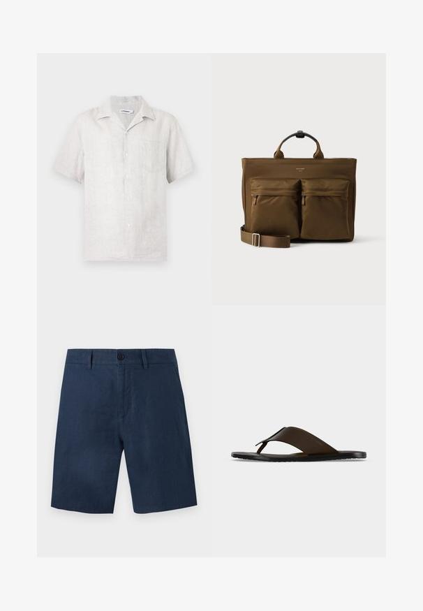 Chemise à manches courtes boutonnée en lin beige clair avec une poche poitrine gauche et un col classique.; Shorts pour hommes bleu marine avec fermeture par bouton, passants pour ceinture et poches latérales, présentés à plat sur fond blanc.; Sandale tong en cuir marron foncé avec une large sangle à la cheville et une semelle plate noire, montrée de profil sur fond gris.; Sac cabas rectangulaire marron avec deux grandes poches zippées à l’avant, des poignées courtes et une bandoulière réglable sur fond blanc.