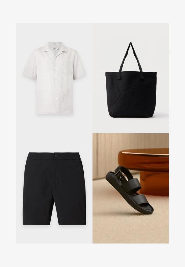 Chemise à manches courtes boutonnée en lin beige clair avec une poche poitrine gauche et un col classique.; Shorts mi-longs pour hommes noirs avec taille élastique, fermeture par bouton et poches latérales, présentés sur un fond uni.; Sandale noire avec double brides et une boucle sur un tapis beige, à côté d'une table ronde de couleur ambre dans une pièce aux tons neutres.; Sac fourre-tout en toile noire avec deux bandoulières et un motif circulaire discret en relief sur le devant.
