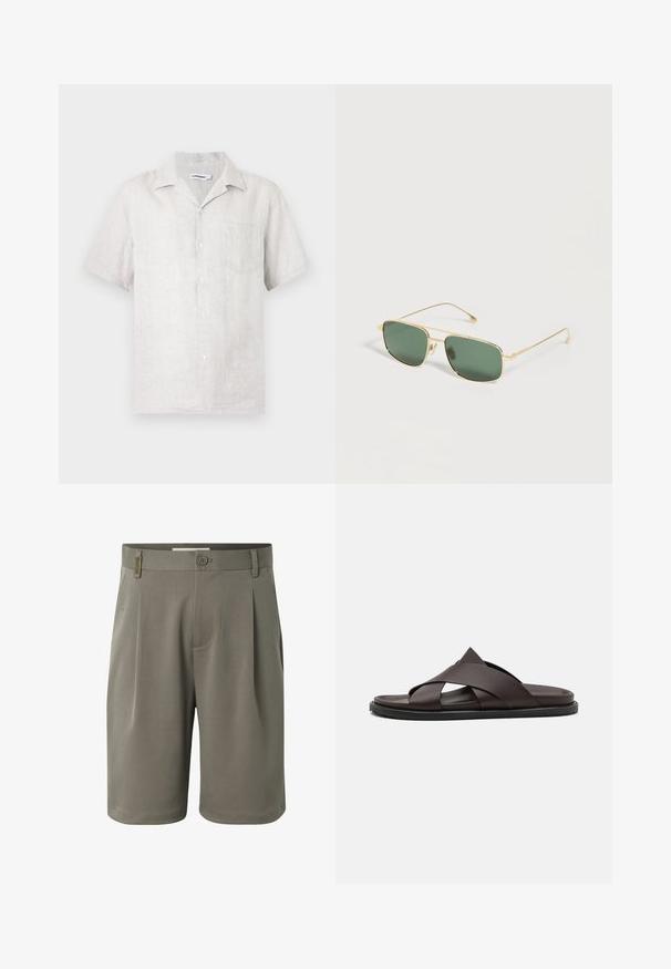 Chemise à manches courtes boutonnée en lin beige clair avec une poche poitrine gauche et un col classique.; Shorts homme longueur genou de couleur vert olive avec fermeture à boutons, passants pour ceinture et poches latérales, présentés sur fond blanc.; Stuart Weitzman BERKLEY - Mules - espresso; Lunettes de soleil rectangulaires à monture dorée avec des verres teintés verts posées sur une surface blanche.