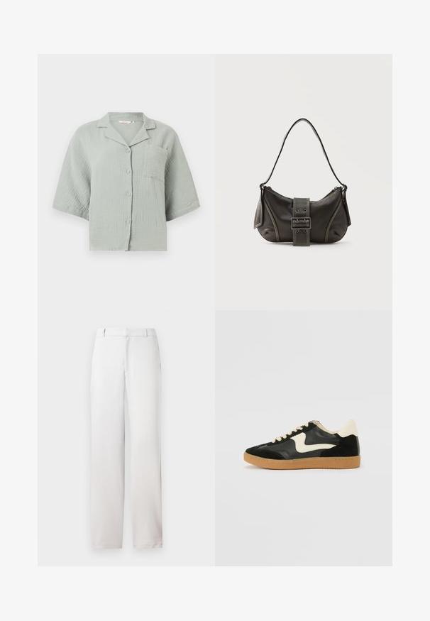 Chemise vert clair à manches courtes avec tissu texturé, une poche poitrine à l'avant et un col décontracté.; Pantalons blancs à coupe droite, en tissu lisse. Dotés de poches latérales et d'une taille épurée. Look minimaliste et neutre.; Baskets en daim et cuir noir avec un swoosh latéral crème et un talon crème clair. Dotées de lacets beige et d'une semelle en caoutchouc gomme.; Sac à épaule en cuir noir avec une sangle à boucle, des bords arrondis et des coutures blanches contrastées sur un fond uni.