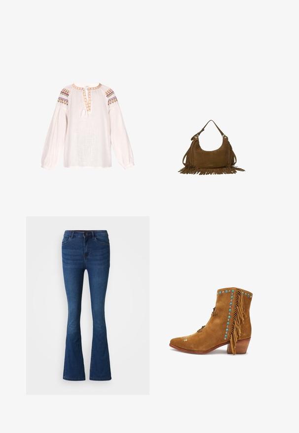 Blusa blanca con una tela ligera y texturada. Presenta un escote redondeado, mangas largas con elastano y coloridos acentos bordados en los hombros.; Jeans de mezclilla de campana en azul oscuro con bolsillos delanteros y traseros, cierre de botón y cremallera, y detalles desgastados en los muslos y las rodillas.; Bota de tobillo de ante marrón con tacón apilado, tachuelas turquesas y plateadas, bordado floral y detalles de flecos a lo largo del costado.; Bolso de ante marrón con asa superior y detalles de flecos largos a lo largo de los lados y la parte inferior sobre fondo blanco.