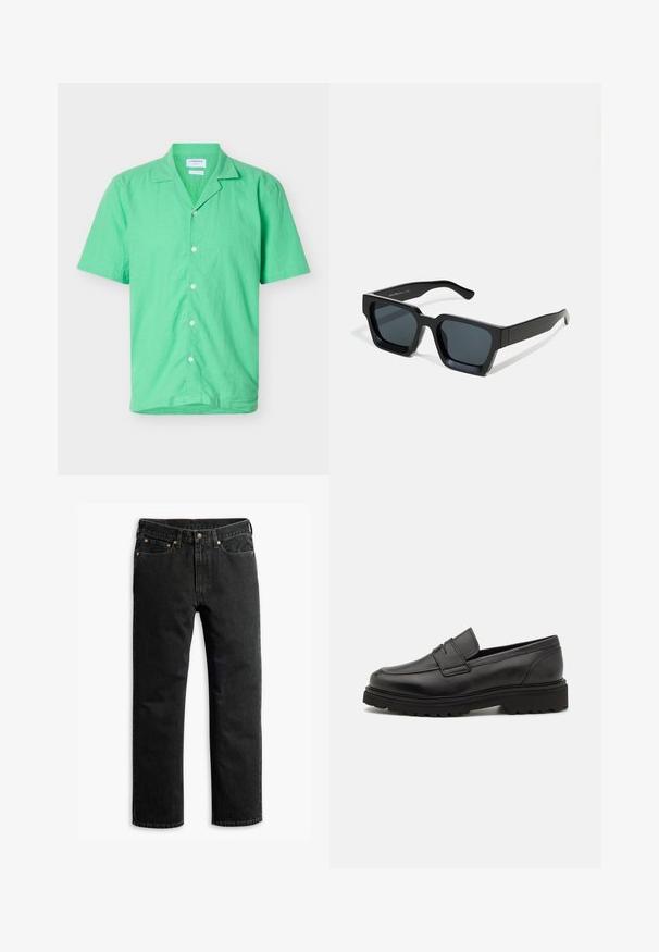 Grünes Hemd mit kurzen Ärmeln, Knopfleiste und Camp-Kragen, aus strukturiertem Stoff gefertigt, flach auf weißem Hintergrund ausgebreitet.; Schwarze Jeans im geraden Schnitt mit fünf Taschen, Gürtelschlaufen und einem Knopfverschluss an der Taille, flach auf einem weißen Hintergrund ausgelegt.; Schwarze Lederloafer mit runder Zehenpartie, genähten Details und einer dicken, strukturierten Sohle. Verfügt über ein schlankes, minimalistisches Design.; Schwarze rechteckige Sonnenbrillen mit dunklen Gläsern. Dickes, glattes Kunststoffgestell mit leicht glänzender Oberfläche und geraden Bügeln.