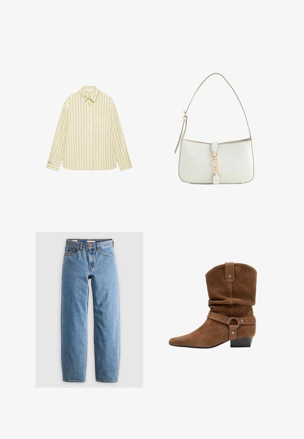 Chemise boutonnée jaune clair avec fines rayures verticales marron, manches longues, col, poche poitrine et petit texte sur le poignet gauche.; Jean en denim bleu clair avec une coupe droite, cinq poches, une fermeture éclair et une texture légèrement délavée. Style classique avec peu de matériel.; Bottine en daim marron avec tige perforée, shaft souple, sangle tressée, garniture argentée et talon bas empilé.; Sac à épaule blanc texturé avec détail de chaîne dorée et bandoulière ajustable sur fond blanc.