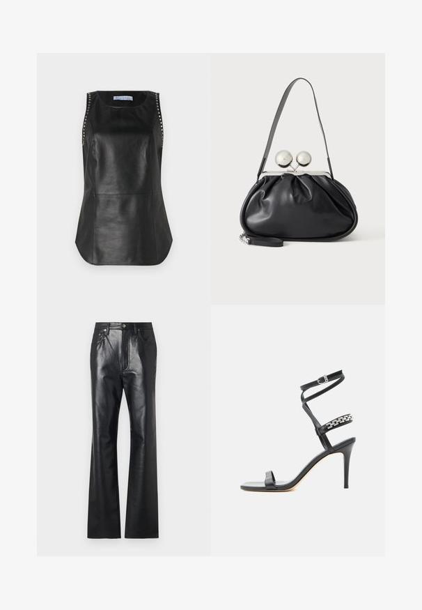Schwarzes Leder-Oberteil ohne Ärmel mit glatter Textur, verziert mit Metallnieten entlang der Schultern und einem abgerundeten Saum.; Schwarze Lederhose mit glatter Textur, ausgestelltem Bein design, Frontreißverschluss und Gürtelschlaufen. Mit dezenten Steppnähten.; Schwarze Sandalette mit hohem Absatz, schlankem Knöchelriemen, Mittelriemen verziert mit silbernen Kettengliedern und offenem Zehendesign.; Schwarze Ledertasche mit gerafftem Design, einem einzelnen Riemen, silbernem Metallrahmen und zwei großen runden silbernen Verschlüssen.