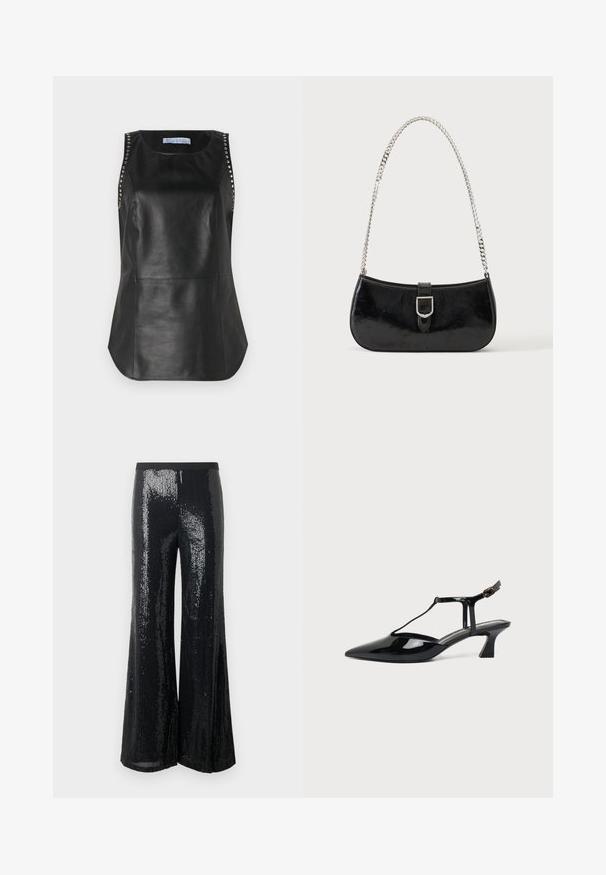 Black leather sleeveless top with a smooth texture, featuring metal studs along the shoulders and a rounded hemline.; Black wide-leg trousers covered in sequins, featuring a stretchy waistband and a smooth texture, suitable for formal or festive occasions.; Black patent leather pointed-toe slingback shoe with T-strap and low angled block heel on white background.; Black patent leather shoulder bag with silver buckle detail and a silver chain strap, displayed against a plain light background.