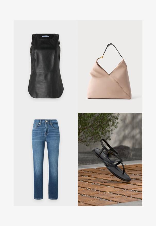 Zwarte leren mouwloze top met een gladde textuur, voorzien van metalen studs langs de schouders en een afgeronde zoom.; Middelhartige blauwe jeans met een rechte pijpontwerp, voorzien van een knoopsluiting, vijf zakken en lichte vervagingpatronen over de stof.; Zwarte platte sandaal met bandjes en gouden gesp die boven een met bakstenen en kiezels bedekte grond zweeft, buiten nabij groen.; Zachte beige leren handtas met schuine voornaad, klein gouden merklogo en zwarte verstelbare band met gouden gesp.