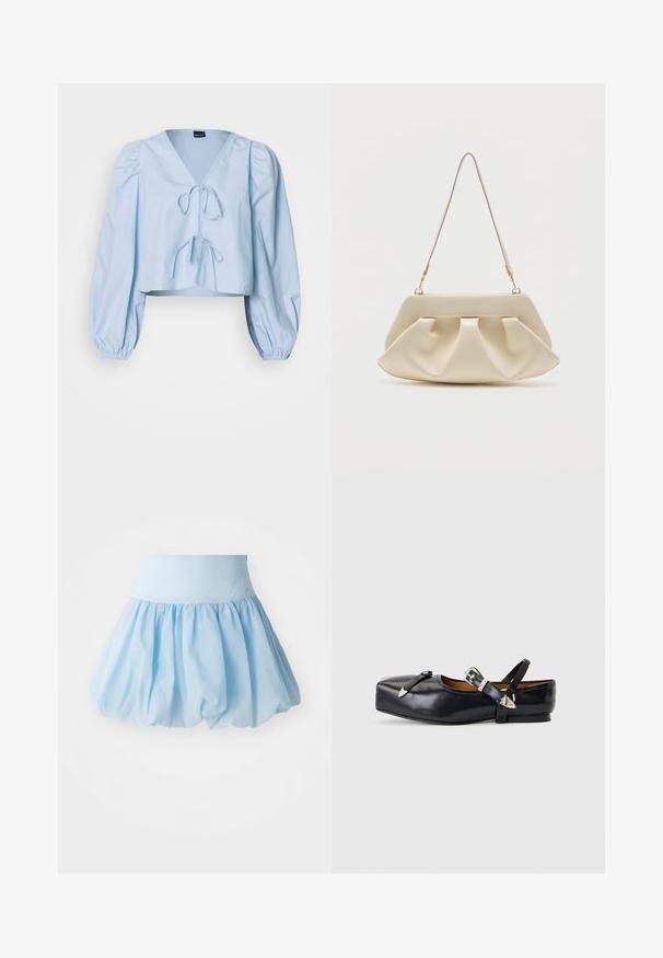 Hellblaues, kurz geschnittenes Blusenshirt mit V-Ausschnitt, Bindeschluss und Puffärmeln. Hergestellt aus glattem Stoff mit elastischen Bündchen.; Hellblauer, gepuffter Rock mit einem breiten elastischen Bund. Hergestellt aus weichem, leichtem Stoff mit einem fließenden, gerafften Design.; Schwarzer flacher Lederschuh mit quadratischer Spitze, zwei silbernen Schnallenriemen und niedrigem Absatz vor hellgrauem Hintergrund.; Cremefarbene, weiche Clutch mit gerafften Falten und dünnem Schulterriemen mit goldenen Beschlägen.