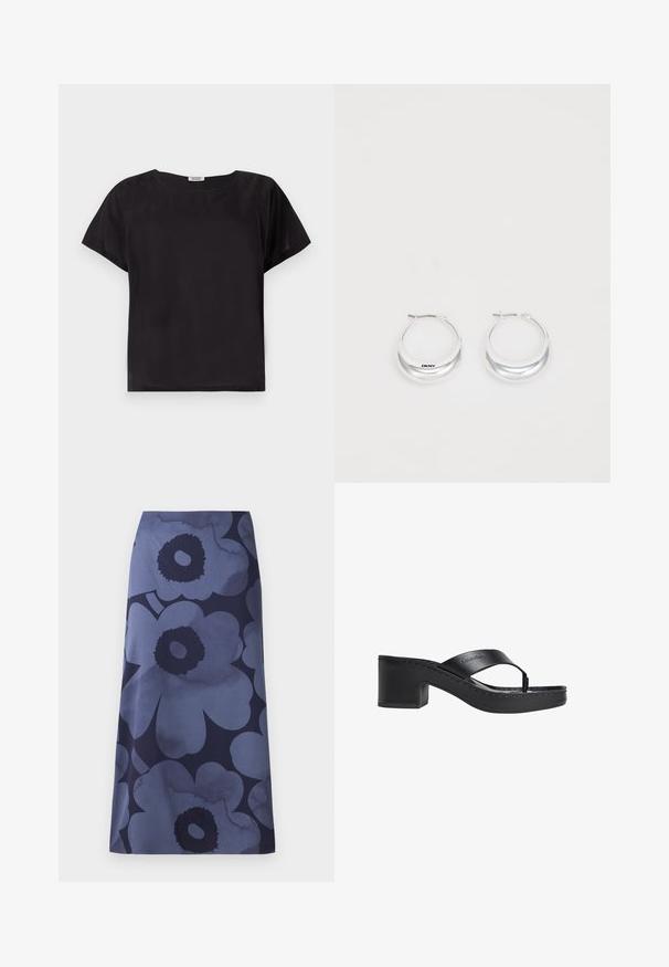 Zwarte korte mouw top met een relaxte pasvorm, ronde hals, gladde textuur en een eenvoudig, minimalistisch ontwerp. Geen zichtbare patronen of accenten.; Midi-jurk met bloemenprint met grote donkerblauwe bloemen op een lichterblauwe achtergrond; de stof lijkt glad met een licht glanzende textuur.; Zwarte leren sandaal met hak, voorzien van een teenriempje en een lage blokhak, met Calvin Klein-logo op het riempje.; Zilveren creolen met een gepolijste afwerking en DKNY-branding, weergegeven tegen een effen witte achtergrond.