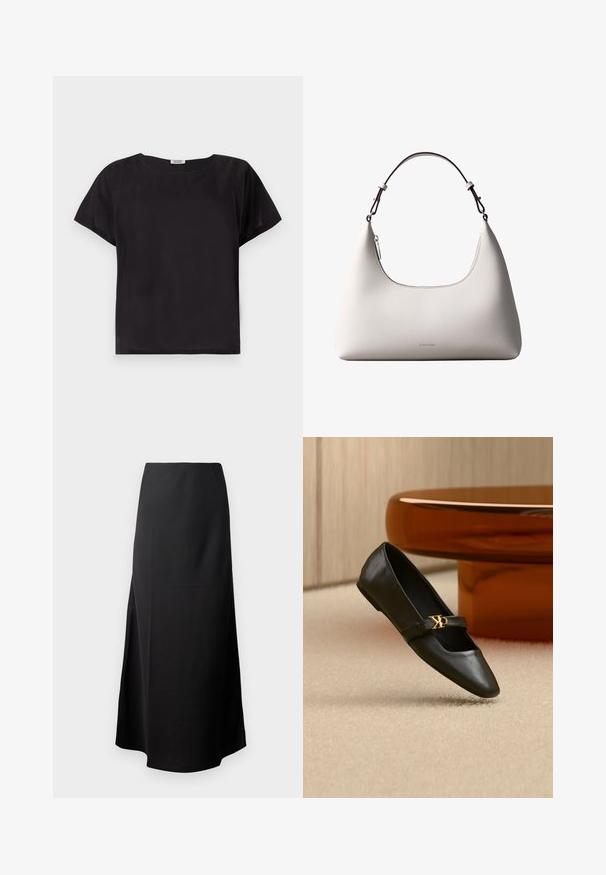 Haut noir à manches courtes avec une coupe décontractée, encolure arrondie, texture lisse et design simple et minimaliste. Pas de motifs ou d'accents visibles.; Jupe midi noire avec une texture lisse, conçue avec une taille haute et une fente sur le côté, présentant une silhouette simple et sans ornements.; Chaussure plate en cuir noir avec bout pointu et logo CK doré sur la bride, posée sur un tapis beige près d'une table ronde couleur ambre brun.; Sac à bandoulière en cuir couleur crème de Calvin Klein avec bord supérieur incurvé, fermeture éclair argentée et sangle ajustable brun foncé.