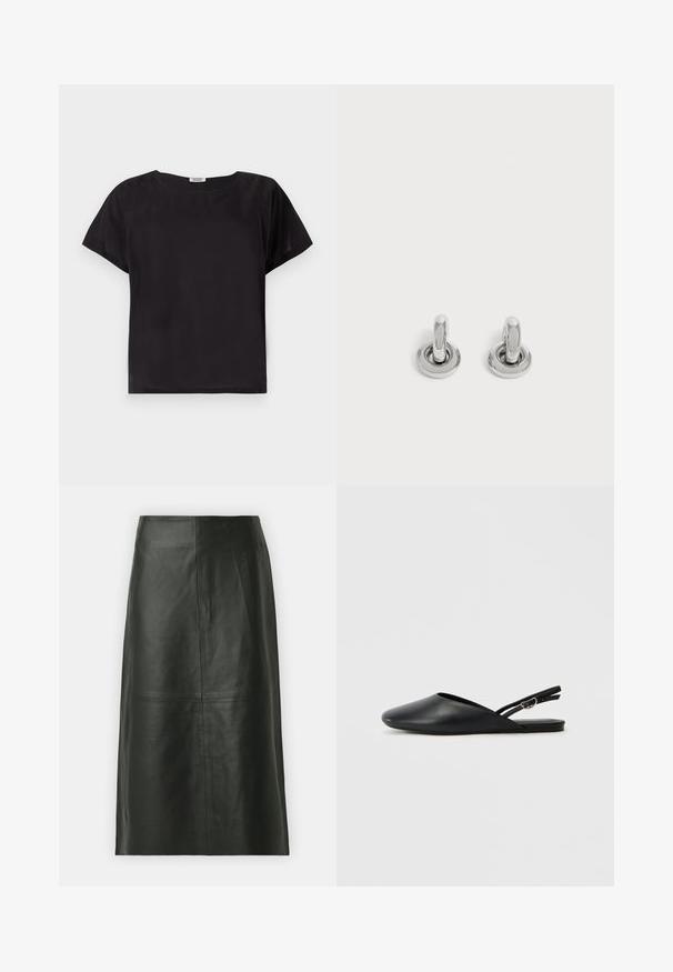Zwarte korte mouw top met een relaxte pasvorm, ronde hals, gladde textuur en een eenvoudig, minimalistisch ontwerp. Geen zichtbare patronen of accenten.; Zwarte leren midi-rok met een rechte snit. Gladde textuur, minimale naden en een nauwsluitende tailleband. Geen zichtbare zakken of extra details.; Zwarte leren slingback schoenen met een puntige neus, gebogen ontwerp en verstelbare gesp. Glad textuur, platte zool, minimale details.; Een paar kleine, glanzende zilveren creolen met een ronde basis, afgebeeld op een effen lichte achtergrond.