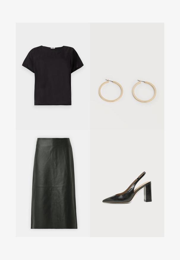 Haut noir à manches courtes avec une coupe décontractée, encolure arrondie, texture lisse et design simple et minimaliste. Pas de motifs ou d'accents visibles.; Jupe midi en cuir noir avec une coupe droite. Texture lisse, coutures minimales et taille ajustée. Pas de poches visibles ni de détails supplémentaires.; Chaussure slingback en cuir noir à bout pointu avec un talon bloc haut et une doublure intérieure beige sur un fond clair uni.; Paire de boucles d'oreilles créoles moyennes lisses ton or avec fermoirs à charnière sur fond clair uni.