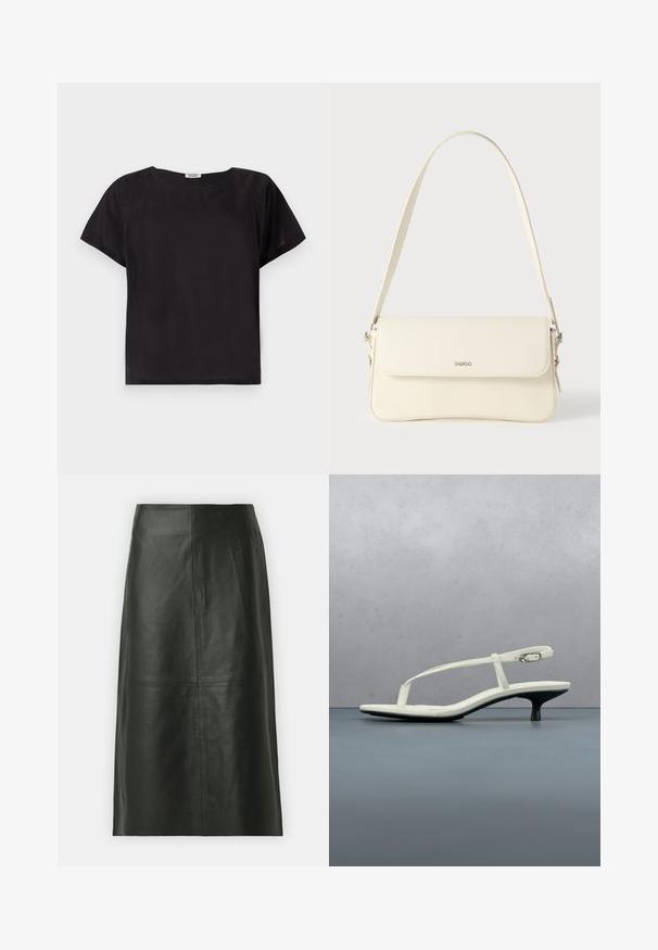 Zwarte korte mouw top met een relaxte pasvorm, ronde hals, gladde textuur en een eenvoudig, minimalistisch ontwerp. Geen zichtbare patronen of accenten.; Zwarte leren midi-rok met een rechte snit. Gladde textuur, minimale naden en een nauwsluitende tailleband. Geen zichtbare zakken of extra details.; Witte sandaal met smalle bandjes en kitten heel, met een spitse neus, zwevend boven een houten tegelvloer buiten, met op de achtergrond een wazige plant en muur.; Schoudertas van crèmegekleurd leer met een klepafsluiting, zilverkleurige hardware, een enkele verstelbare riem en subtiele logodetails.