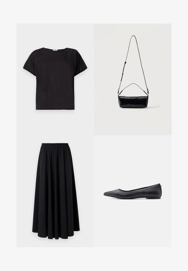 Haut noir à manches courtes avec une coupe décontractée, encolure arrondie, texture lisse et design simple et minimaliste. Pas de motifs ou d'accents visibles.; Jupe noire, longueur sol, en tissu doux avec une large ceinture élastique froncée et un design lisse et fluide. Sans motifs ni accents.; Chaussure plate en cuir noire à bout pointu avec petit talon, vue de profil sur fond blanc.; Sac bandoulière rectangulaire en cuir noir avec bandoulière ajustable, fermeture éclair sur le dessus et petit logo Calvin Klein doré sur le devant.