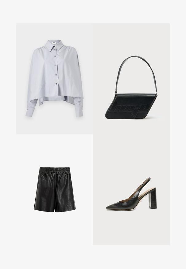 Chemise courte bleu clair avec un col pointu, fermeture à boutons et manches longues. Présente une coupe décontractée et un tissu en coton doux.; Shorts en cuir noir avec une taille élastique, présentant une texture lisse, des jambes larges et sans poches ni embellissements visibles.; Chaussure slingback en cuir noir à bout pointu avec un talon bloc haut et une doublure intérieure beige sur un fond clair uni.; Sac d'épaule en cuir noir de forme triangulaire, avec un logo embossé et une seule bandoulière réglable. Design minimaliste avec une texture lisse.