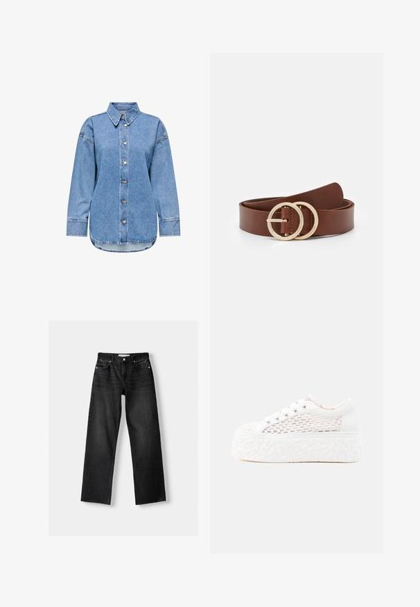 Hellblaues Jeanshemd mit langen Ärmeln, Knopfleiste, spitzem Kragen, abgerundetem Saum und sichtbaren Steppnähten.; Bershka Jeans Straight Leg - mottled dark grey; Weißer Plateau-Sneaker mit dicker, strukturierter Sohle, Schnürverschluss und seitlichen Einsätzen aus gewebtem Mesh auf hellem, einfarbigem Hintergrund.; Brauner Leder-Gürtel mit zwei kreisförmigen goldfarbenen Schnallen, glatter Textur und minimalistischem Design. Länge und Breite variieren.