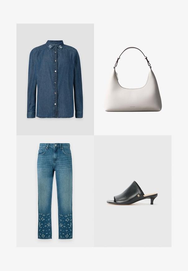 Mørkeblå denimskjorte med lange ærmer, knaplukning foran og dekorativ blå blomsterbroderi på kraven. Glat tekstur, afslappet design.; Blå denimjeans med lige snit, der har blomsterbroderi og udsmykninger ved kanten samt fem lomme-design.; Sorte læder open-toe mules med en lav hæl. Har en glat overflade og et guld logo-prim på siden.; Cremefarvet skuldertaske i læder fra Calvin Klein med buet topkant, sølvfarvet lynlås og mørkebrun justerbar rem.