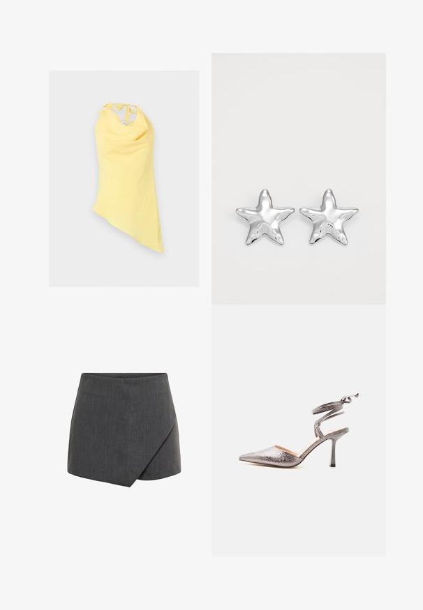 Haut jaune sans manches à col licou avec ourlet asymétrique et liens au niveau du cou, présenté sur fond blanc.; Jupe courte grise avec un design croisé, en tissu lisse et texturé. Coupe ajustée avec un ourlet angulé et des bords nets.; Chaussure à talon haut pointu métallique argenté avec bride enveloppante autour de la cheville et talon stiletto fin sur fond blanc.; Boucles d'oreilles argentées en forme d'étoile, avec une surface lisse et brillante. Chaque boucle d'oreille possède cinq pointes et des détails subtils de texture de surface.