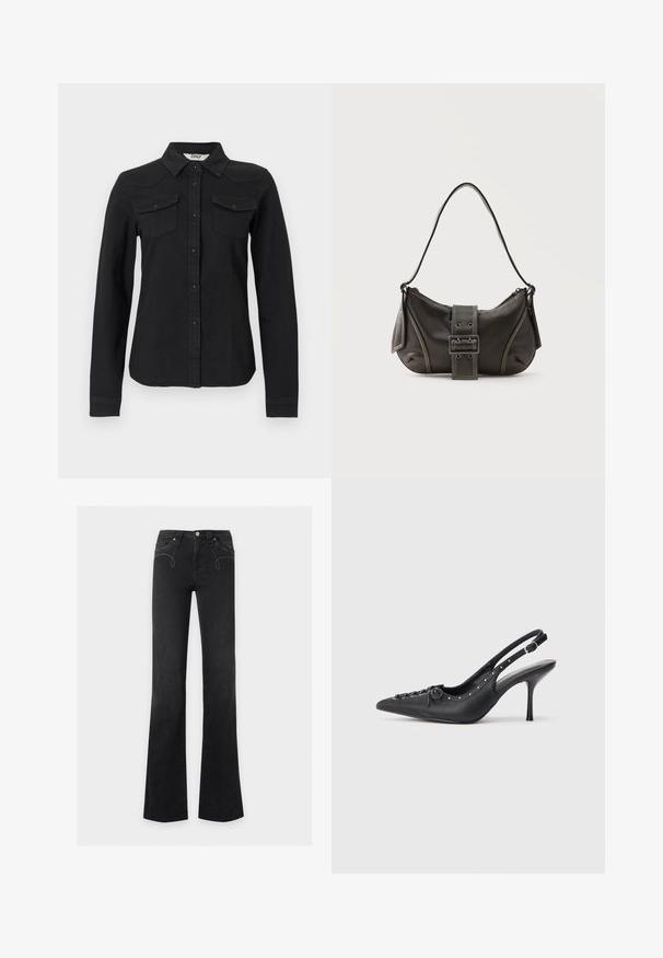 Chemise noire à manches longues avec deux poches à rabat sur la poitrine et un col pointu, coupe cintrée, sur fond blanc.; Jean noir taille haute avec légère évasement, fermeture devant par bouton et zip, poches avant avec détails subtils de couture blanche.; Escarpin en cuir noir à talon aiguille avec un bout pointu, une bride latérale à boucle, des clous le long du bord et un laçage décoratif à l'avant.; Sac à épaule en cuir noir avec une sangle à boucle, des bords arrondis et des coutures blanches contrastées sur un fond uni.