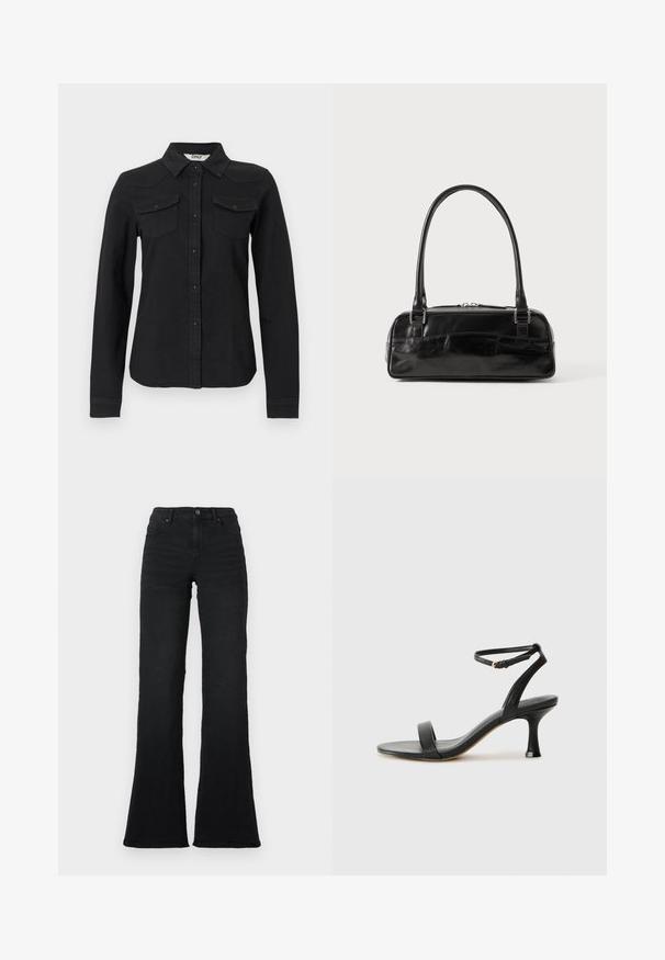 Chemise noire à manches longues avec deux poches à rabat sur la poitrine et un col pointu, coupe cintrée, sur fond blanc.; Jean noir à taille haute évasée avec poches avant, passants de ceinture et fermeture à bouton sur fond blanc.; Sandale à talon en cuir noir avec une sangle de cheville, présentant un design élégant, un bout ouvert et un talon effilé pour une silhouette épurée.; Sac à main en cuir noir de forme rectangulaire, doté d'une seule ansse structurée, de quincaillerie argentée et d'une fermeture éclair. Texture lisse.