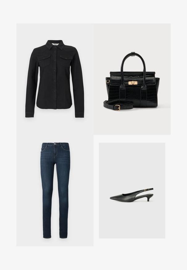 Zwart lange mouwen overhemd met knopen, twee borstflapzakken en een spitse kraag, getailleerde pasvorm op een witte achtergrond.; Donkerblauwe slim-fit jeans met voor- en achterzakken, knoopsluiting en een subtiele vervaging op de dijen.; Zwarte puntschoen met slingback van soepel leer. Kenmerkt zich door een dunne hak en een gespdetail op de verstelbare band.; Zwarte handtas met krokodillenstructuur, twee handvatten, een afneembare riem en een goudkleurige rechthoekige sluiting op de voorklep.