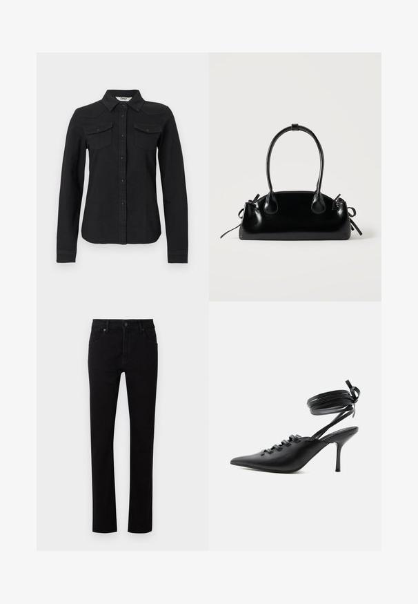 Chemise noire à manches longues avec deux poches à rabat sur la poitrine et un col pointu, coupe cintrée, sur fond blanc.; Jean en denim noir avec une coupe droite. Comprend cinq poches, une fermeture à bouton à l'avant et des détails de couture subtils le long des coutures.; Chaussure à talon haut noire à bout pointu avec laçage à l'avant et brides enroulées autour de la cheville nouées en nœud, vue de côté sur fond blanc.; Petit sac à main noir brillant avec deux longues anses et des détails à cordon sur les côtés sur un fond clair uni.