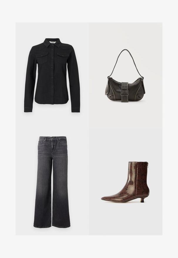 Sort langærmet skjorte med knapper, to brystlommer med klap og spids krave, skræddersyet pasform på hvid baggrund.; Bredde ben mørkegrå denimjeans med en subtil falmning, der har knaplukning, fem lommer og en lige kant ved anklen.; Brun, slangemønstret ankelstøvle med spids tå, lav kitten hæl og lynlås bagpå, lavet af blankt syntetisk materiale.; Sort læder skuldertaske med spænde på remmen, afrundede kanter og kontrasterende hvide syninger på en ensfarvet baggrund.