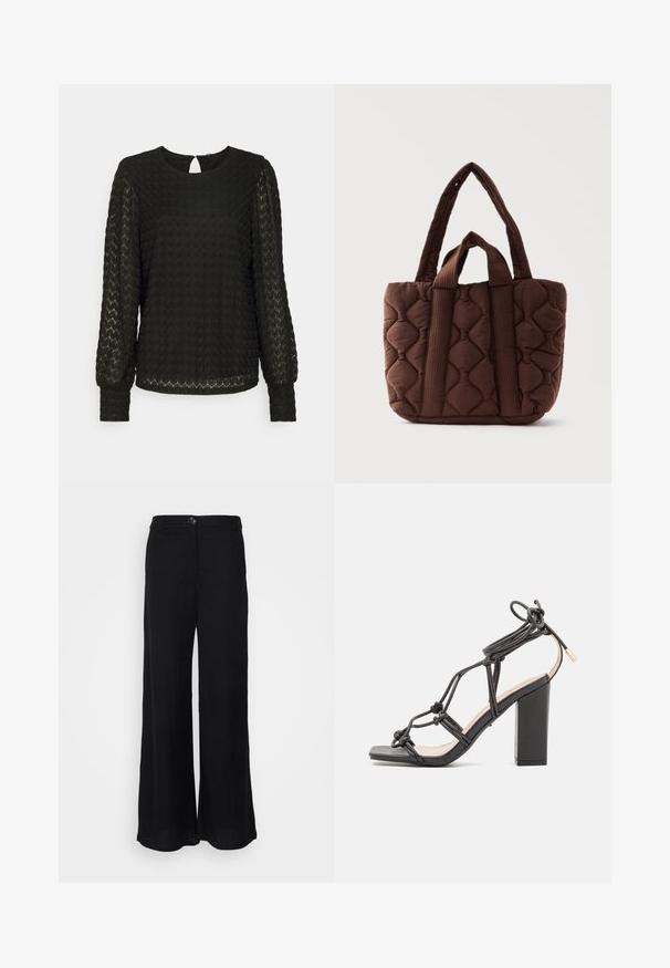 Vero Moda Tall VMBECCA - Blouse - black; Zwarte wijde pijpenbroek gemaakt van lichte stof, met een gladde textuur, een sluiting met knoop aan de voorkant en zijzakken.; DeeZee Sandalen met hoge hak - black; Bruine gewatteerde stoffen draagtas met twee lange en twee korte handvatten, met een golvend stikselpatroon en rechthoekige vorm.