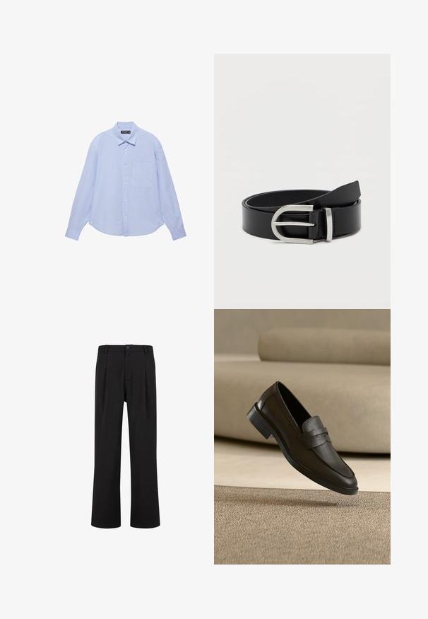 Chemise bleu clair à manches longues avec des rayures blanches verticales, une poche poitrine et un col classique.; Pantalon noir droit pour homme avec passants de ceinture, fermeture à boutons à l’avant et poches latérales, présenté sur fond blanc.; Chaussure loafer en cuir noir reposant sur un tapis beige avec un canapé beige courbé en arrière-plan.; Ceinture en cuir noir avec une texture lisse, dotée d'une boucle en métal argenté et d'une forme rectangulaire classique.