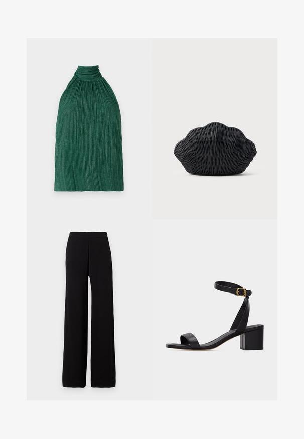 Haut plissé vert avec un col montant. Fait de tissu texturé, avec un design froncé et des stries verticales pour plus de dimension.; Pantalon noir à jambes larges en tissu doux avec une taille élastique, présentant un design épuré sans motifs ni accents visibles.; Sandale noire à bout ouvert avec talon bloc et bride à la cheville ornée d'une petite boucle en or, vue de côté sur un fond uni.; Sac à main en osier noir en forme de coquille Saint-Jacques avec un dessus courbé et une texture tressée sur un fond uni.
