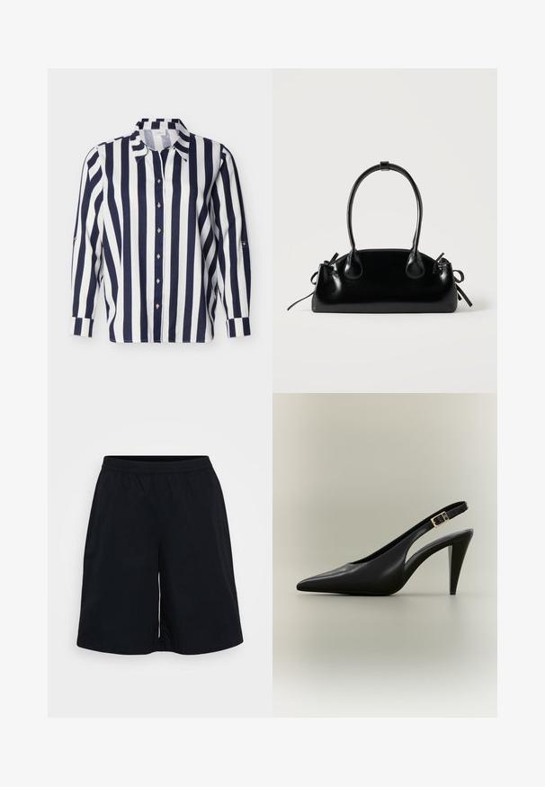 Chemise à manches longues boutonnée avec des rayures verticales bleu marine et blanches, col pointu, présentée sur un fond uni.; Shorts de sport noirs avec une taille élastique, une coupe ample et une texture lisse. Le design est simple, sans motifs ni accents.; Escarpin à bride arrière en cuir noir avec bout pointu, boucle dorée et talon effilé sur un fond neutre.; Petit sac à main noir brillant avec deux longues anses et des détails à cordon sur les côtés sur un fond clair uni.
