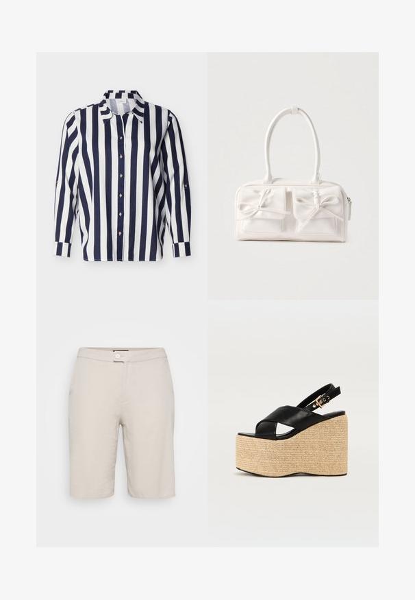 Camisa de manga larga con botones, con rayas verticales en azul marino y blanco y cuello puntiagudo, presentada sobre un fondo liso.; Shorts de algodón beige con cierre de botón, dos bolsillos laterales y un corte recto. Presentan una textura suave y un diseño simple.; Sandalias de cuña de cuero negro con una plataforma de yute trenzado, que presentan un diseño de tiras cruzadas y una correa ajustable en el tobillo con un hebilla dorada.; Bolso sintético blanco con dos bolsillos delanteros, cada uno con un detalle de lazo atado. Textura suave, asas redondeadas y cierre de cremallera.